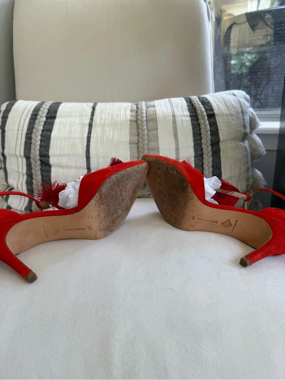 ANTONIO MELANI Red Suede Pointed Tassel Ankle-Strap Heels